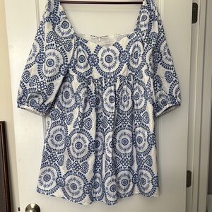 Blue and White Mini Dress with Flutter Sleeves and Smocked Design